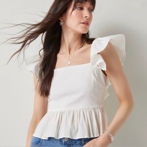 Francesca's Mi Ami White Bella Flutter Sleeve Bow Back Peplum Top